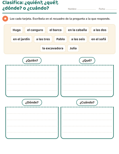 Vista previa de la hoja de Preguntas con quién, qué y dónde para grado 1