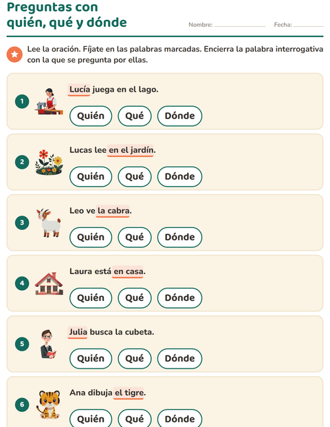 Vista previa de la hoja de Preguntas con quién, qué y dónde para grado 1