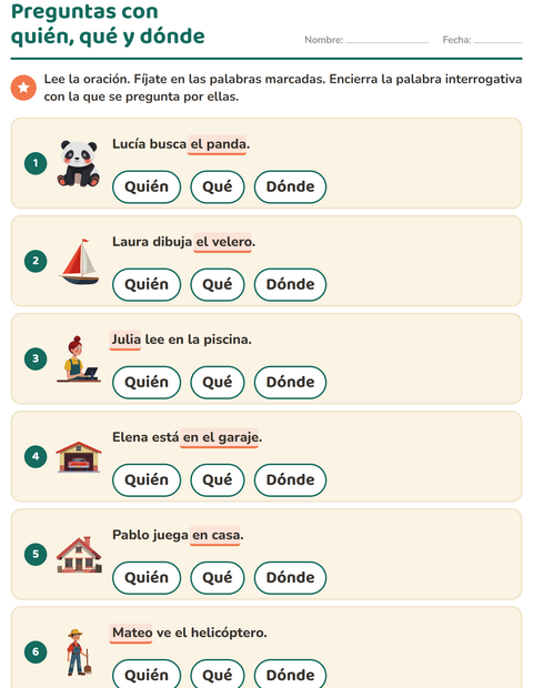 Vista previa de la hoja de Preguntas con quién, qué y dónde para grado 1