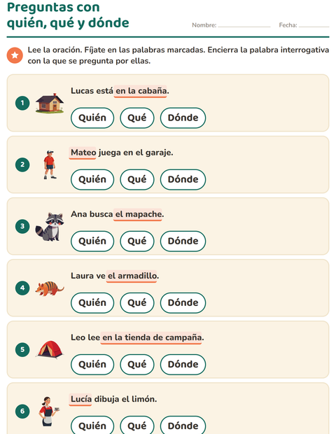 Vista previa de la hoja de Preguntas con quién, qué y dónde para grado 1