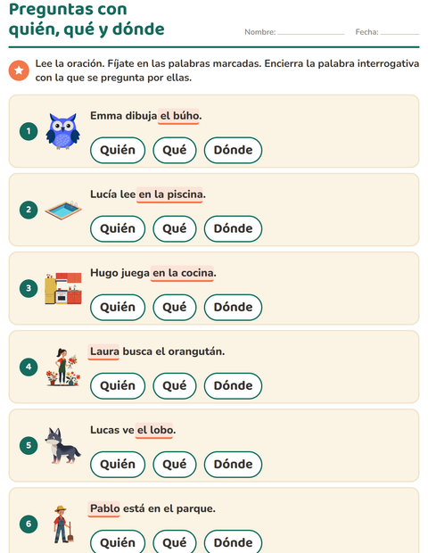 Vista previa de la hoja de Preguntas con quién, qué y dónde para grado 1
