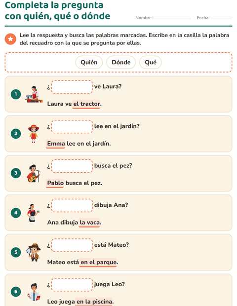 Vista previa de la hoja de Preguntas con quién, qué y dónde para grado 1