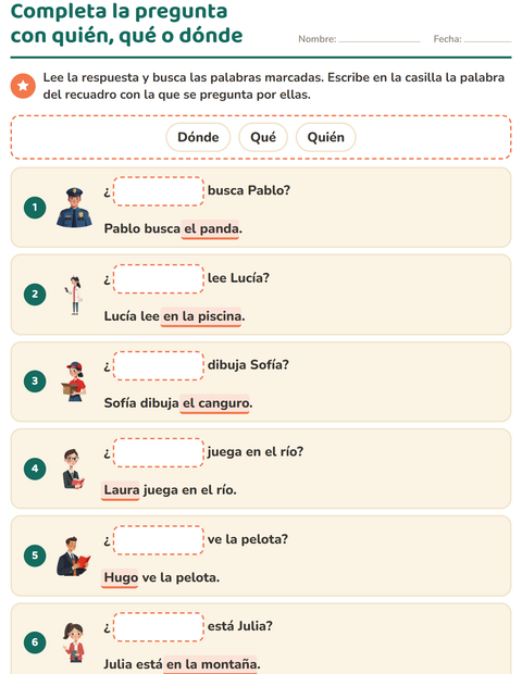 Vista previa de la hoja de Preguntas con quién, qué y dónde para grado 1