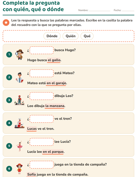 Vista previa de la hoja de Preguntas con quién, qué y dónde para grado 1