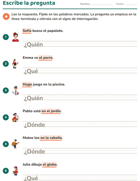 Vista previa de la hoja de Preguntas con quién, qué y dónde para grado 2