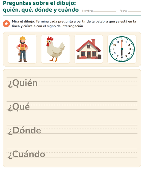 Vista previa de la hoja de Preguntas con quién, qué y dónde para grado 2
