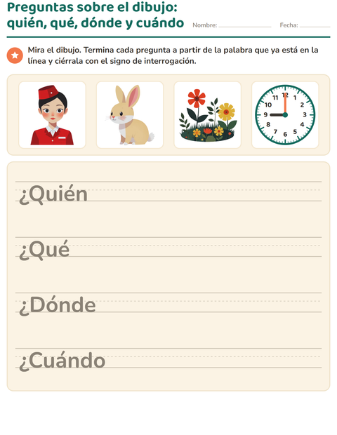 Vista previa de la hoja de Preguntas con quién, qué y dónde para grado 2