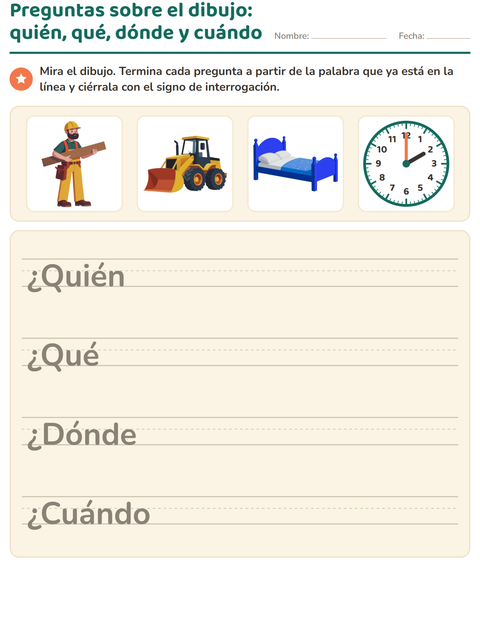 Vista previa de la hoja de Preguntas con quién, qué y dónde para grado 2