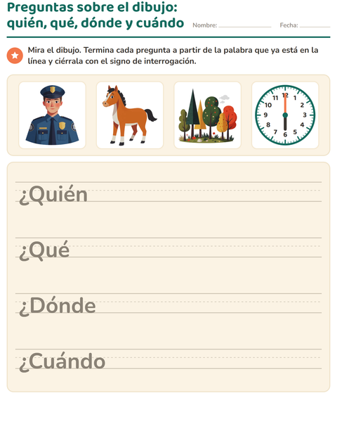 Vista previa de la hoja de Preguntas con quién, qué y dónde para grado 2