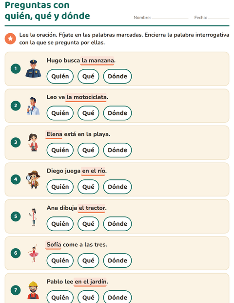 Vista previa de la hoja de Preguntas con quién, qué y dónde para grado 1