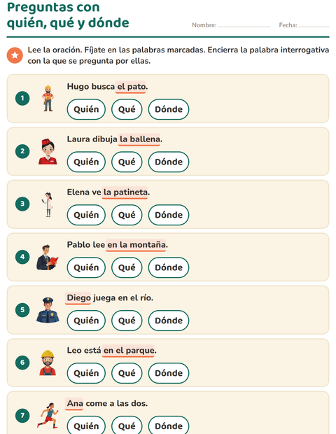 Vista previa de la hoja de Preguntas con quién, qué y dónde para grado 1