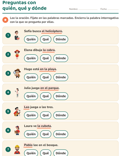 Preguntas con quién, qué y dónde: rodea la palabra que pregunta — primer grado
