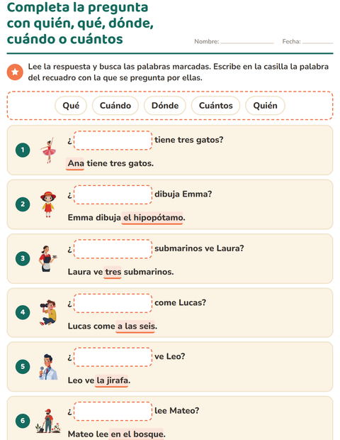 Vista previa de la hoja de Preguntas con quién, qué y dónde para grado 1