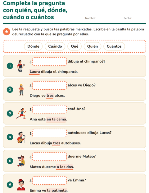 Vista previa de la hoja de Preguntas con quién, qué y dónde para grado 1