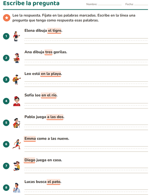 Vista previa de la hoja de Preguntas con quién, qué y dónde para grado 2
