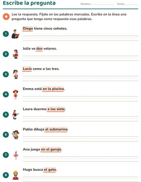Escribe la pregunta que corresponde a las palabras marcadas — segundo grado