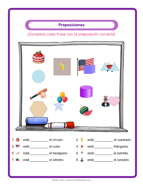 Vista previa de la hoja de Preposiciones con 4 de Julio para jardín infantil