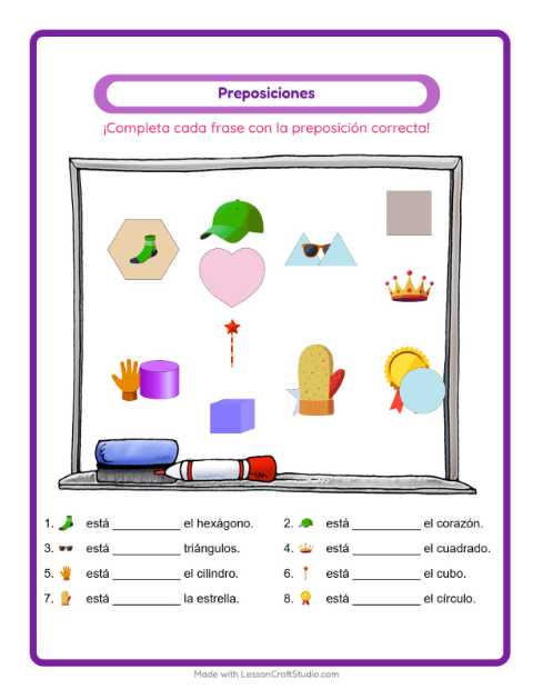 Vista previa de la hoja de Preposiciones con Accesorios para jardín infantil