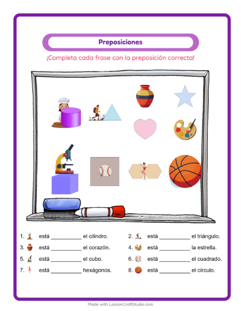 Vista previa de la hoja de Preposiciones con Actividades para jardín infantil