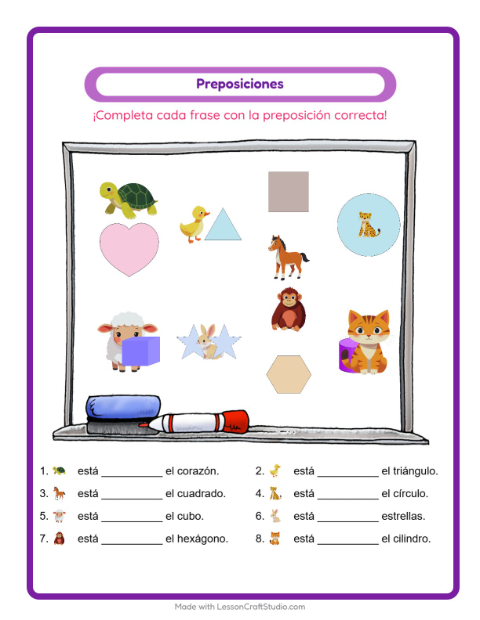 Vista previa de la hoja de Preposiciones con Animales para jardín infantil