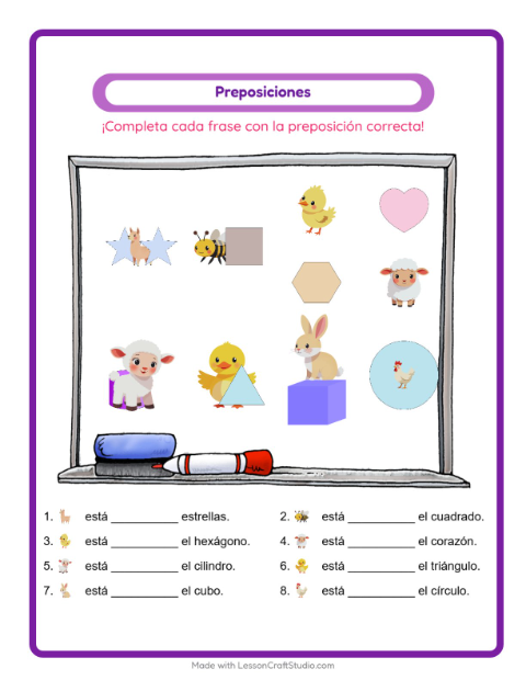 Vista previa de la hoja de Preposiciones con Animales de granja para jardín infantil