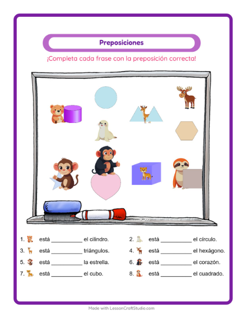 Vista previa de la hoja de Preposiciones con Animales del zoológico para jardín infantil