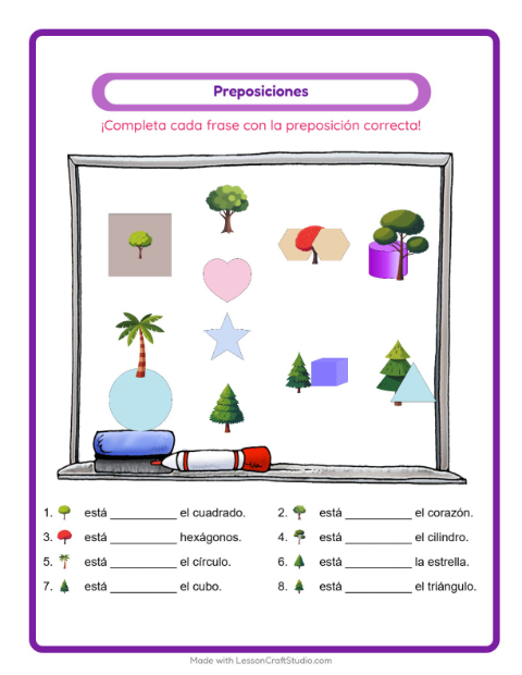 Vista previa de la hoja de Preposiciones con Árboles para jardín infantil