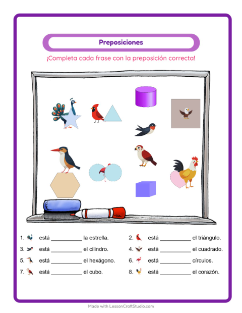 Vista previa de la hoja de Preposiciones con Aves 2 para jardín infantil