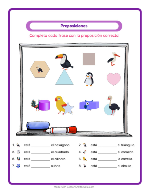 Vista previa de la hoja de Preposiciones con Aves para jardín infantil