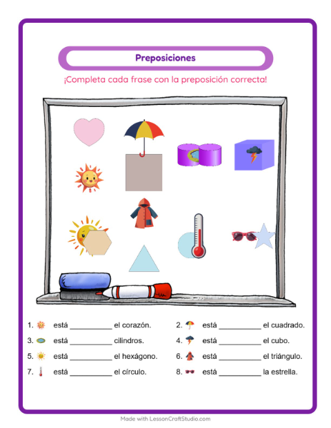 Vista previa de la hoja de Preposiciones con Clima para jardín infantil