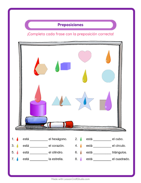 Vista previa de la hoja de Preposiciones con Colores para jardín infantil