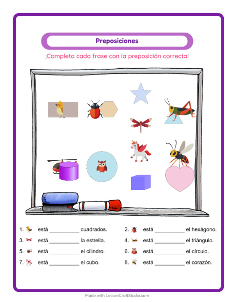 Vista previa de la hoja de Preposiciones con Cosas que vuelan para jardín infantil
