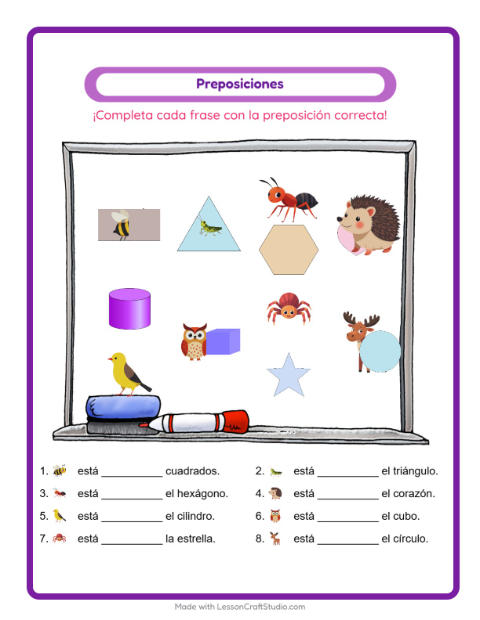 Vista previa de la hoja de Preposiciones con Criaturas del bosque para jardín infantil