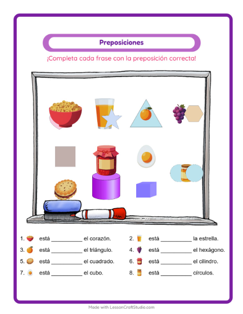 Vista previa de la hoja de Preposiciones con Desayuno para jardín infantil