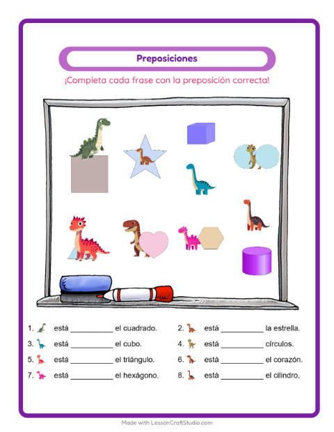 Vista previa de la hoja de Preposiciones con Dinosaurios para jardín infantil