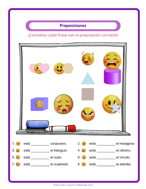 Vista previa de la hoja de Preposiciones con Emociones para jardín infantil