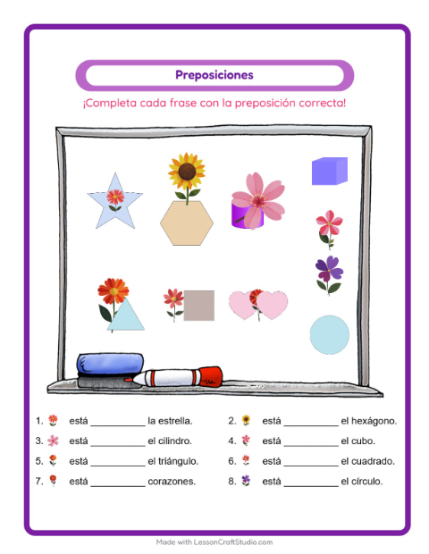 Vista previa de la hoja de Preposiciones con Flores para jardín infantil