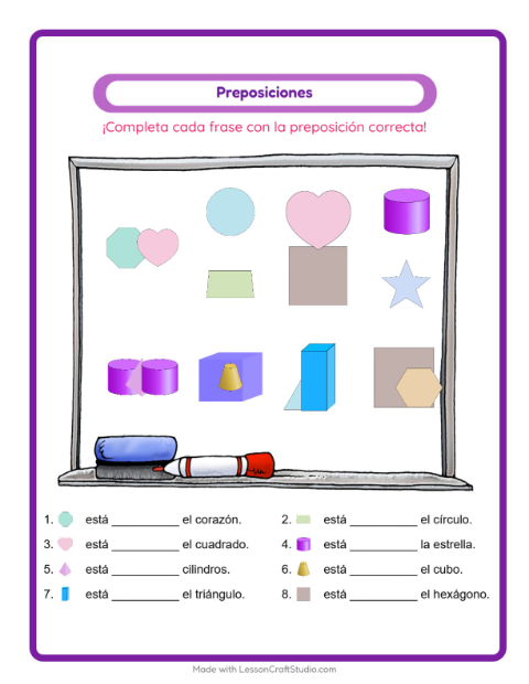 Vista previa de la hoja de Preposiciones con Formas para jardín infantil
