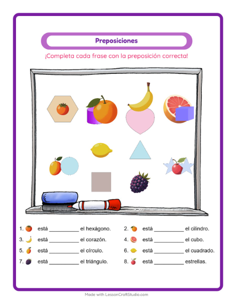 Vista previa de la hoja de Preposiciones con Frutas para jardín infantil