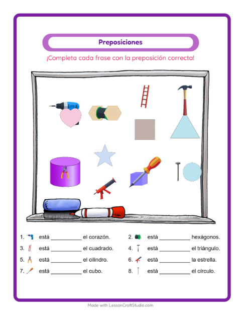 Vista previa de la hoja de Preposiciones con Herramientas para jardín infantil