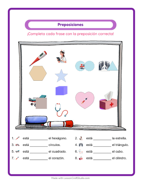 Vista previa de la hoja de Preposiciones con Hospital para jardín infantil