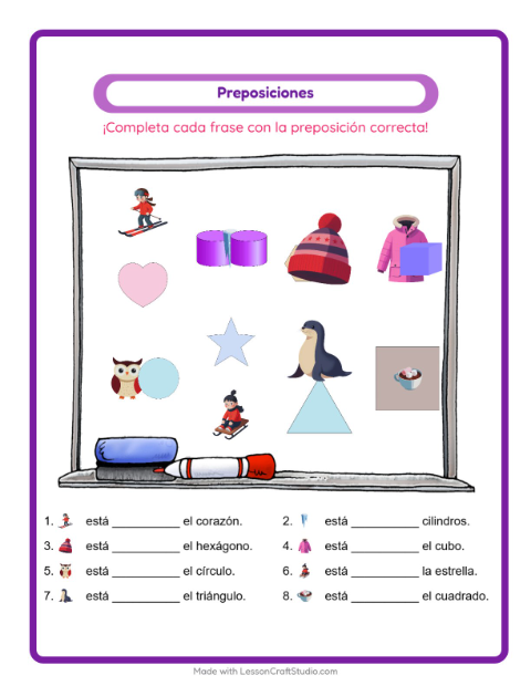 Vista previa de la hoja de Preposiciones con Invierno para jardín infantil