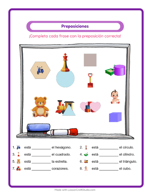 Vista previa de la hoja de Preposiciones con Juguetes para jardín infantil