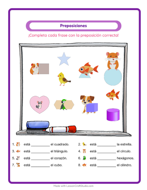 Vista previa de la hoja de Preposiciones con Mascotas para jardín infantil