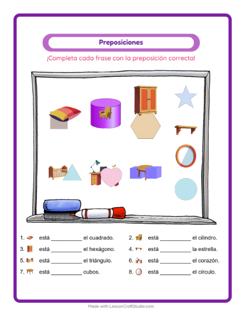 Vista previa de la hoja de Preposiciones con Muebles para jardín infantil