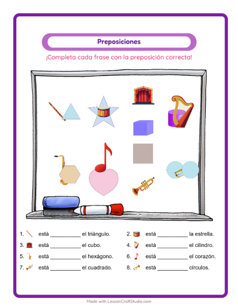 Vista previa de la hoja de Preposiciones con Música para jardín infantil
