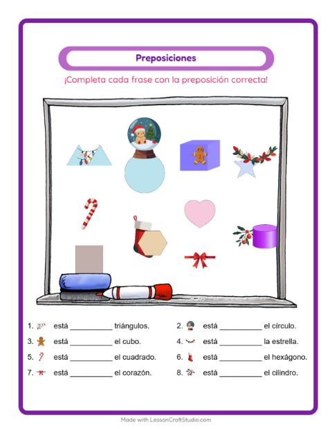 Vista previa de la hoja de Preposiciones con Navidad para jardín infantil