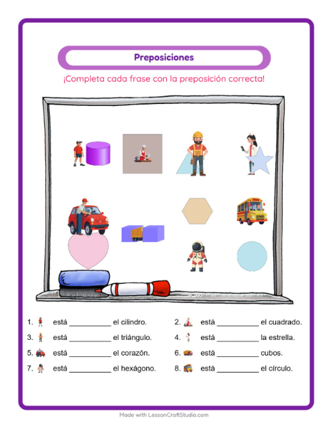 Vista previa de la hoja de Preposiciones con Ocupaciones para jardín infantil