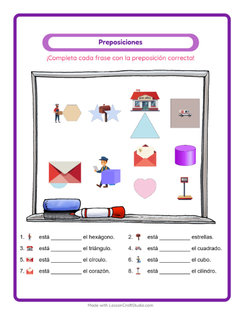 Vista previa de la hoja de Preposiciones con Oficina de correos para jardín infantil
