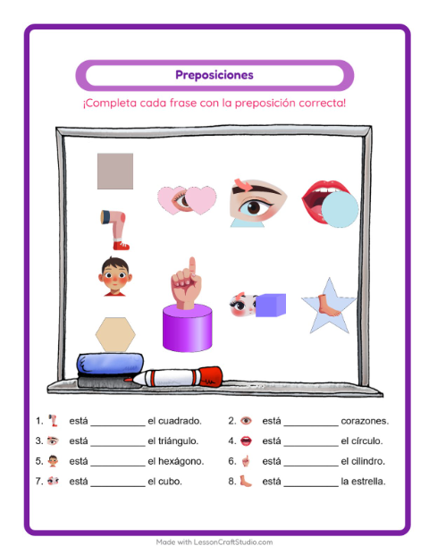 Vista previa de la hoja de Preposiciones con Partes del cuerpo para jardín infantil